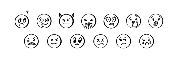 Doodle emoji set. Hand drawn sketch vector illustration. Pack of different negative expressions emoticons