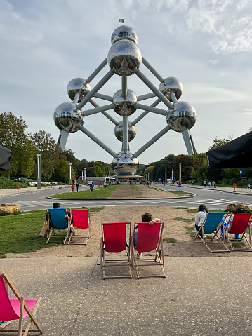 Brussels, Belgium. The Atomium of Brussels, a modernist building that represents a silver atom model. One of the most famous attraction in Bruxelles