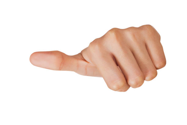 Female hand giving thumbs up on white background.