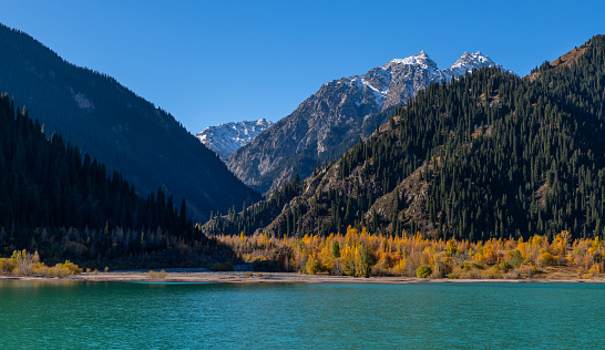 Alpine lake Issyk on an autumn morning in the outskirts of the Kazakh city of Almaty