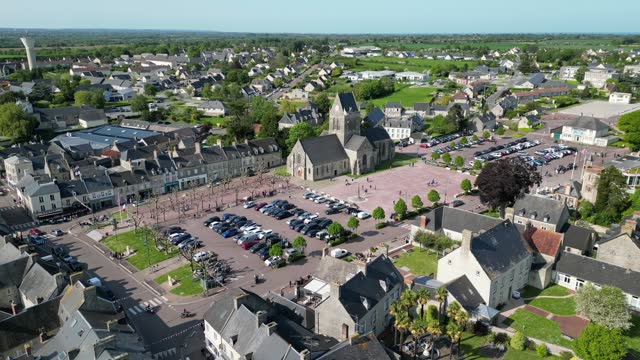 Sainte Mere Eglise Normandy France panning drone,aerial