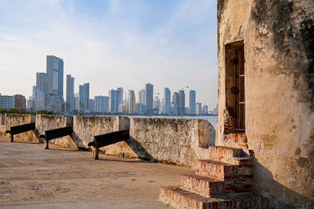 Cartagena, Columbia - April 4, 2017: A port hole along the seaside wall in Cartagena Columbia