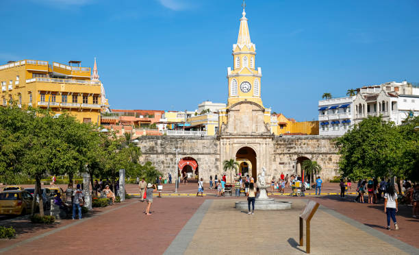 istock View to Torre de Reloj (Clock Tower) with blue sky and warm light, Cartagena, Colombia, Unesco World Heritage 1734732577