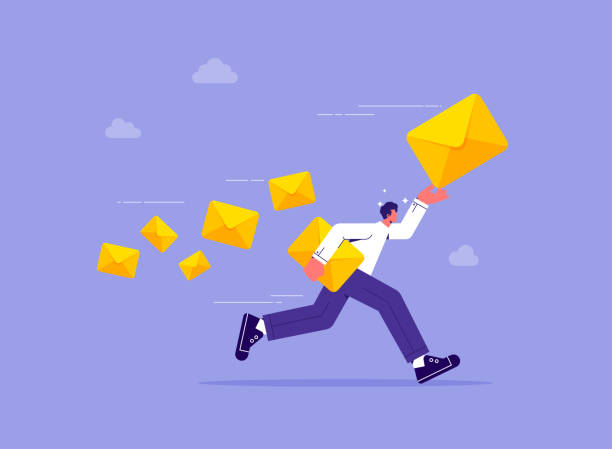 Concept of marketing email message sending and receiving Businessman holding big closed envelope with paper letter, concept of marketing email message sending and receiving, man delivering mail cartoon of a searching stock illustrations