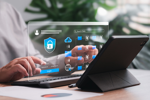 Personal data protection security encryption, Document online management, Businessmen use tablets enter code to access the document in cloud computing system, Secure Internet access, cybersecurity.