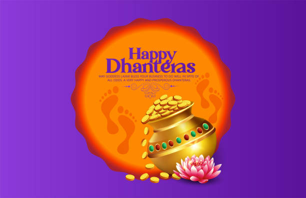 Illustration of Dhanteras festival , Happy Diwali, Lamps, Lotus Dhanteras festival illustration of Gold coin in pot for Dhanteras, Goddess Laxmi blessing Happy Diwali light of festival goddess lakshmi images stock illustrations