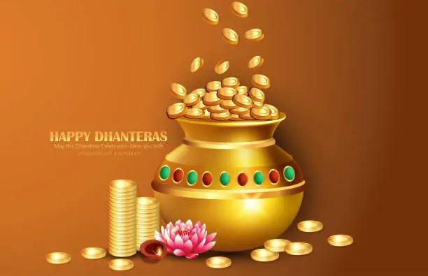 Vector illustration of Illustration of Dhanteras festival , Happy Diwali,  Lamps, Lotus