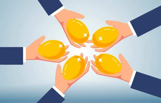 Vector illustration of Investment Tips, Investment Allocation, Business Financial Investment Education, Risk Minimization, More Return on Investment, An Egg in Each of Five Hands