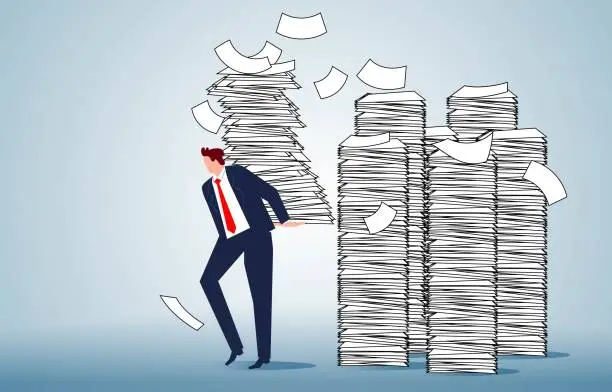 Vector illustration of Overworked, overloaded with paperwork and work stress, busy and tired, businessmen constantly lifting files from inside the stacks of paperwork