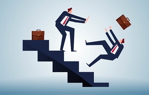 Malicious competition, dishonesty, betrayal, improper means, businessmen standing high above the staircase pushing down their upwardly mobile colleagues