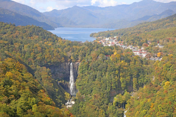 A great panoramic view of Lake Chuzenji and Kegon Falls flowing from Lake Chuzenji.