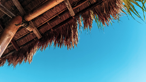The thatched roof of a shade building on the beach against the Blue Sky. Grass Roof. Blue copy space. Empty space.
