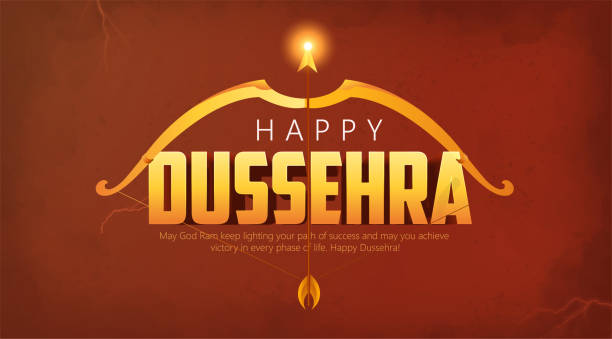Happy Dussehra , with bow and arrow Happy Dussehra illustration of bow arrow in Dussehra Navratri festival of India poster ravana in happy dussehra stock illustrations