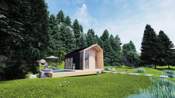 istock Nordic style house with lake view in front. Surrounded by nature, 3D design. 1734783964