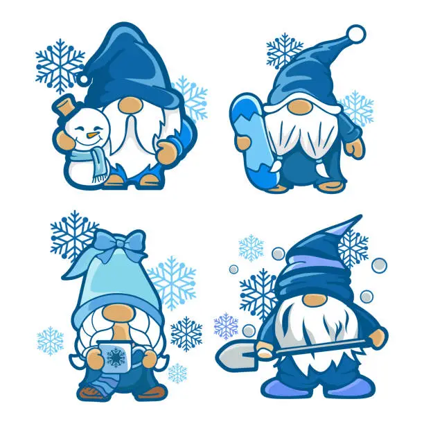 Vector illustration of Set of cute winter gnomes vector illustration.