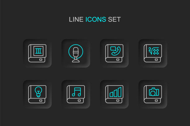 illustrazioni stock, clip art, cartoni animati e icone di tendenza di imposta la linea galleria album fotografico, libro finanziario, audio, manuale utente, libro con matematica, telefono, microfono e icona. vettore - note pad audio