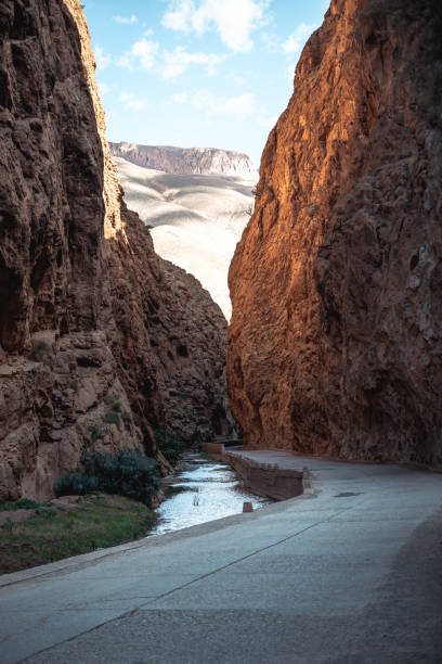 모로코의 아틀라스 산맥 데이즈 협곡 밸리 캐년을 통과하는 좁은 도로 - truck desert semi truck orange 뉴스 사진 이미지