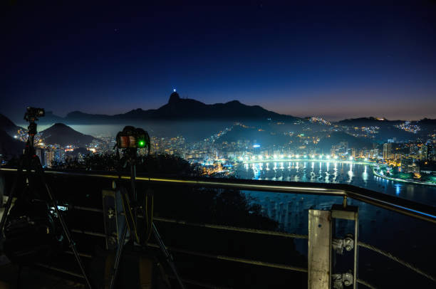 夜のシュガーローフ山からリオデジャネイロのスカイラインを撮影する三脚のカメラ