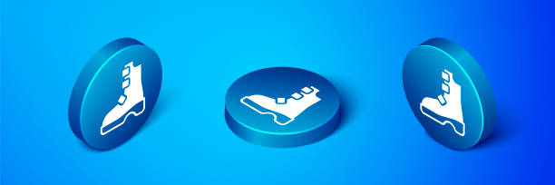 illustrations, cliparts, dessins animés et icônes de icône isométrique de bottes viking anciennes isolée sur fond bleu. vêtements et accessoires traditionnels d’autrefois. bouton cercle bleu. vecteur - dautrefois