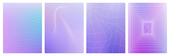 Set of geometry wireframe grid on violet gradient background. 3D abstract posters, patterns, cyberpunk elements in trendy psychedelic rave style. 00s Y2k retro futuristic aesthetic.
