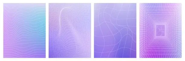 Vector illustration of Set of geometry wireframe grid on violet gradient background. 3D abstract posters, patterns, cyberpunk elements in trendy psychedelic rave style. 00s Y2k retro futuristic aesthetic.