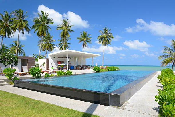 The pool bar is next to beautiful swimming pool in beautiful summer