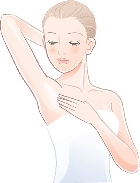 Pretty female gently touching and looking her clean armpit vector art illustration