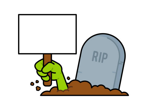 Hand Coming Out of Grave and Holding Sign Illustration With Black Outline vector art illustration