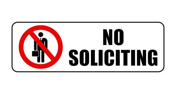 Vector illustration of No soliciting,  ban sign with silhouette of  salesman and text