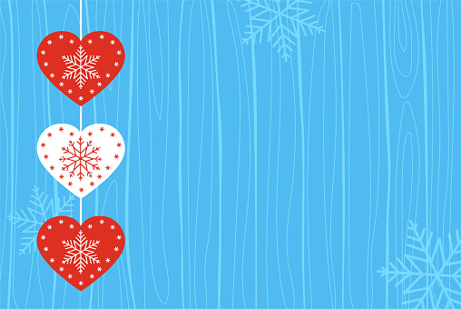 Winter template for banner, postcard, congratulations, Merry Christmas and Happy New Year, Happy Valentine's Day. Winter template in blue color with snowflakes and hearts.