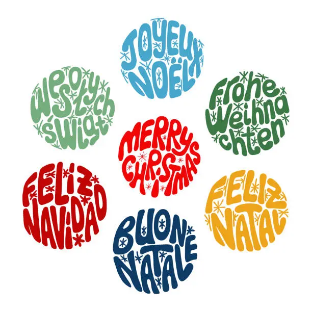Vector illustration of Set of colored round Christmas groovy lettering