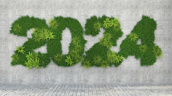 Green 2024 New Year Concept with Grass and Plants on the Wall. 2024 New Year Concept. 3D Render