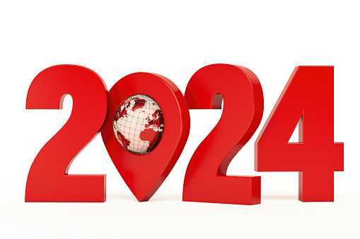 2024 Travel Concept with Location Pin Isolated on White. 2024 New Year Concept. 3D Render