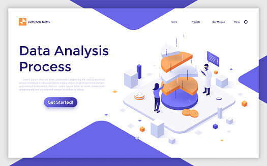 Landing page template with man and woman analysts analyzing pie chart. Statistical data analysis, financial analytics, market research. Modern isometric vector illustration for website, webpage.