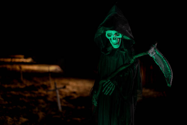 A skeleton reads an old book with a supernatural magnifying glass.