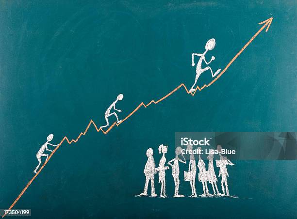 Stick Figures Climbing The Ladder To Success Stock Photo - Download Image Now - Adult, Arrow - Bow and Arrow, Arrow Symbol