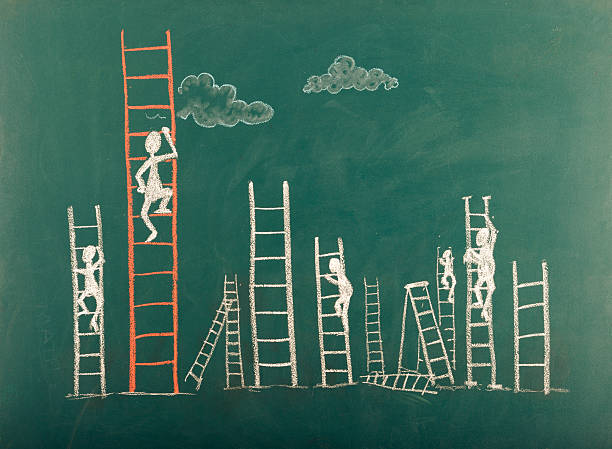figura de palito escalar a escada para o sucesso - ladder of success imagens e fotografias de stock