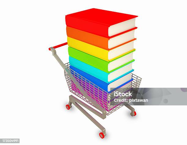 Куча Цвет Книг И Shopping Cart — стоковые фотографии и другие картинки Белый - Белый, Библиотека, Бизнес