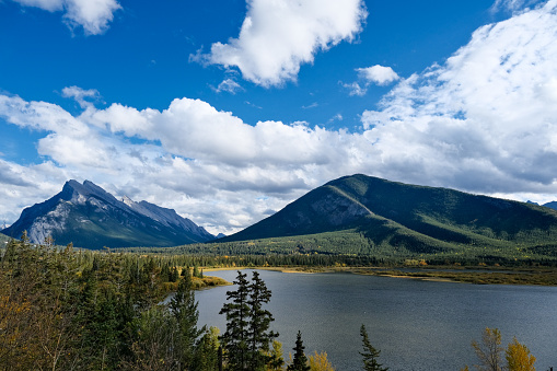 Lake Sherburne and mountains in Glacier National Park in Montana