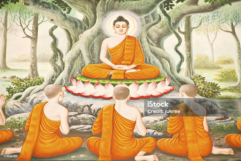Traditional Thai mural painting the Life of Buddha Traditional Thai mural painting the Life of Buddha. This is traditional and generic style in Thailand. No any trademark or restrict matter in this photo. Arranging Stock Photo