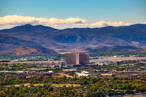 Reno, Nevada, USA - May 29, 2022 : Grand Sierra Resort Casino and Reno - Tahoe International Airport located three miles (4.8 km) southeast of downtown Reno, in Washoe County, Nevada