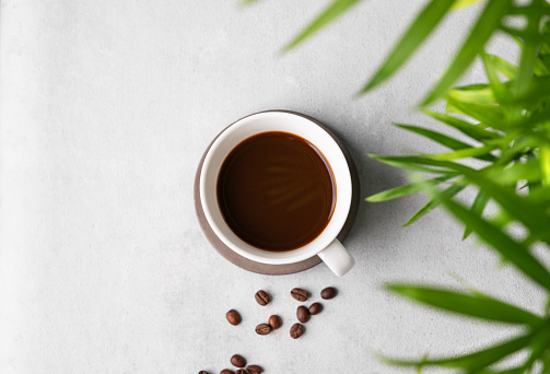A cup of black aromatic coffee on a light background with coffee beans and a palm leaf. Morning energy drink concept. Top view and copy space.