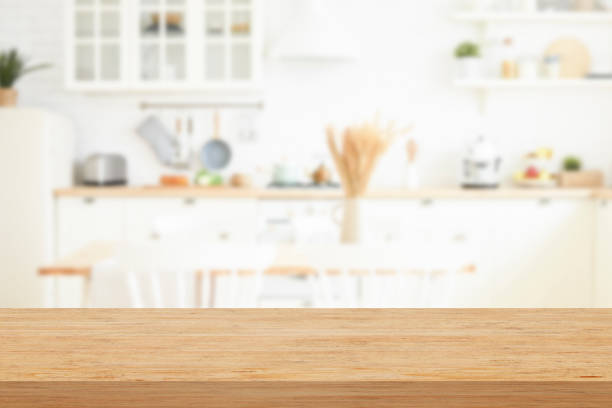 istock Kitchen table wooden board shelf product presentation template 3D 1735104016