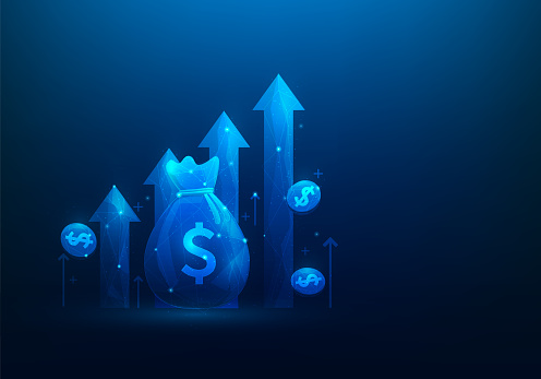 bag money and coin with graph growth digital technology. Income, profits and investment returns. trade arrow up. Bank finance and funds. vector illustration low poly fantastic design.