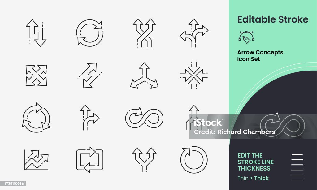 Zestaw ikon wektorowych strzałek zawierający 16 edytowalnych ikon obrysów. - Grafika wektorowa royalty-free (Zmiana) Zestaw ikon wektorowych strzałek zawierający 16 edytowalnych ikon obrysów. - Grafika wektorowa royalty-free (Zmiana)
