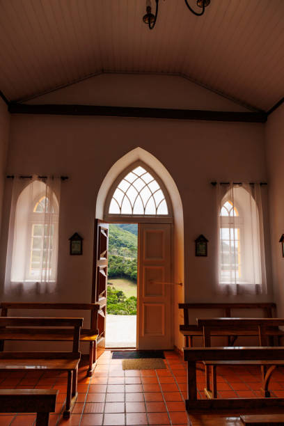 Interior of church, big windows, Azores islands. stock photo