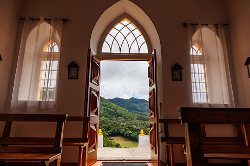 Interior of church, big windows, Azores islands, traveling around the island.