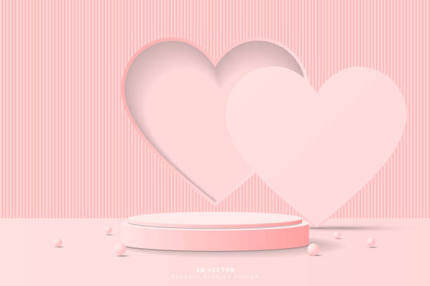 istock Pink 3D cylinder podium pedestal realistic with heart shape window and cover backdrop, sphere balls. Valentine day scene for promotion and advertise product. 3D vector geometric platform design 1735123993