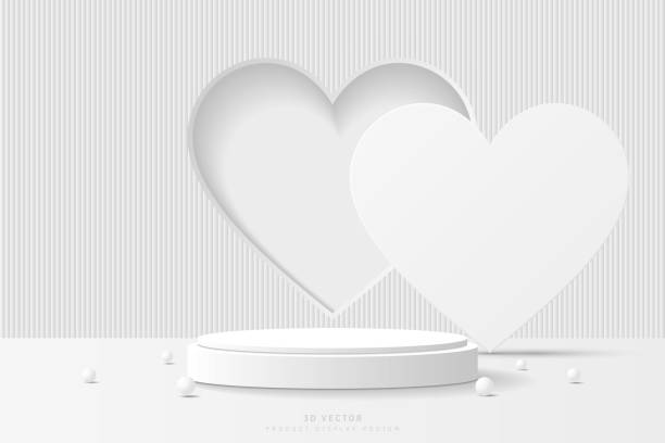 istock White 3D cylinder podium pedestal realistic with heart shape window and cover backdrop, sphere balls. Valentine day scene for promotion and advertise product. 3D vector geometric platform design 1735124549