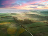 Aerial view of Sunrise autumn countryside Silesia Poland